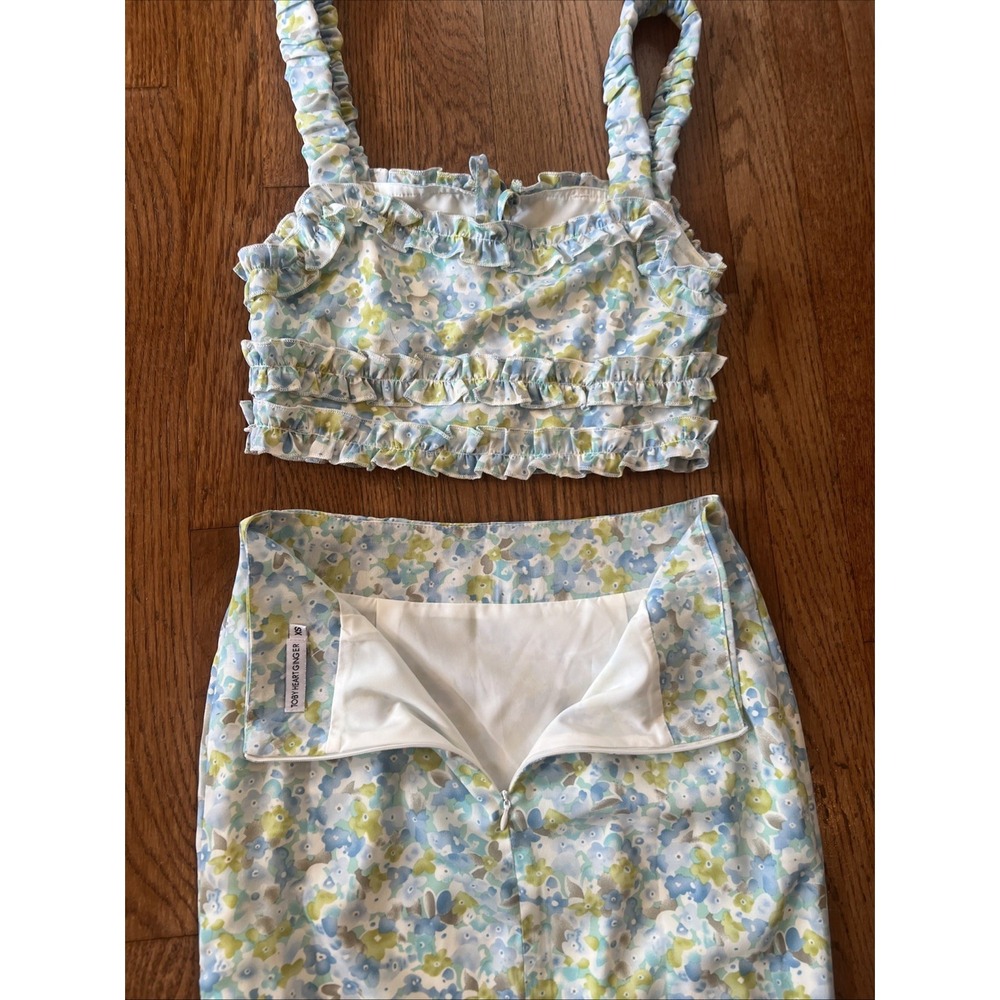 NWT Toby Heart Ginger Floral Ruffle Dawn Crop Top and Skirt Set XS Blue Green - Picture 10 of 11